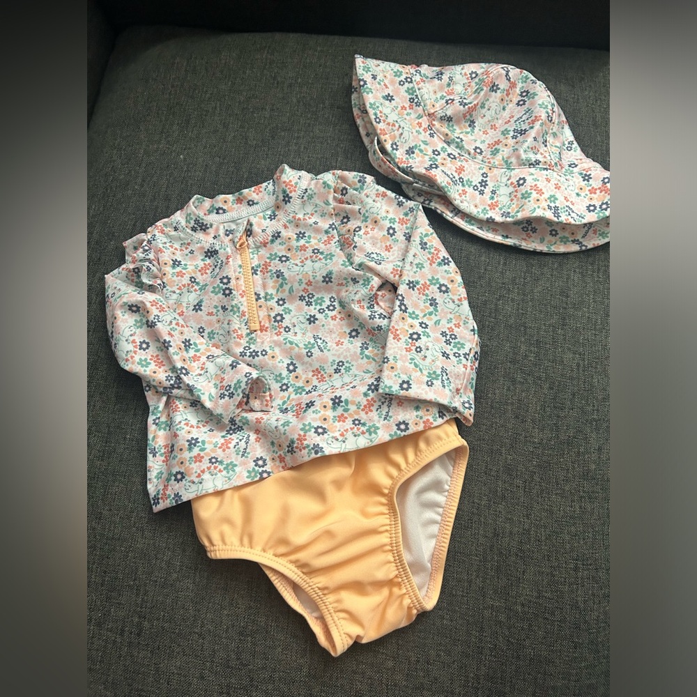 First Impressions Baby Girls  Floral Swim Shirt, Bottoms and Hat, 3 Piece Set